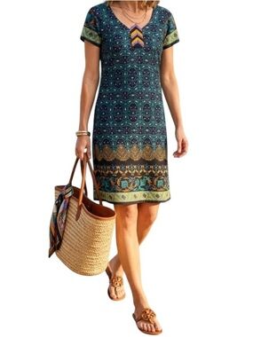 Vintage Tunjc short-sleeve dress  V-neck multi-colored geometric floral pattern